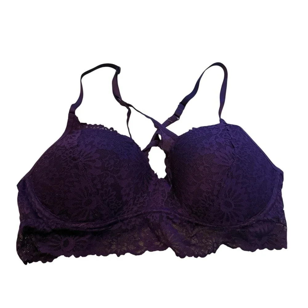 PINK Victoria's Secret Bralette Bra Womens Large Purple Lace Padded Wireless